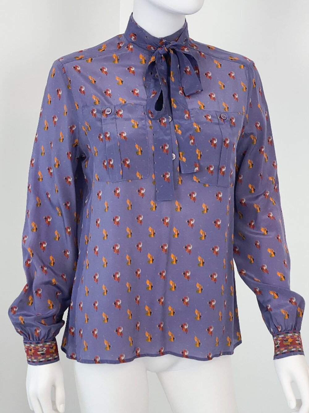 Vintage 1980s Silky Viscose Blouse Top Purple with Print Decor Size 6